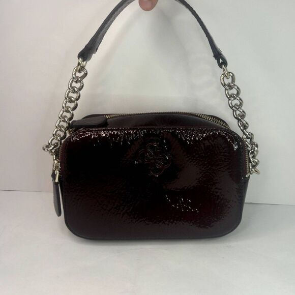 Guess Noelle Shiny Leather Women Shoulder Hand Bag Merlot Burgundy Silver Chain - Picture 5 of 13